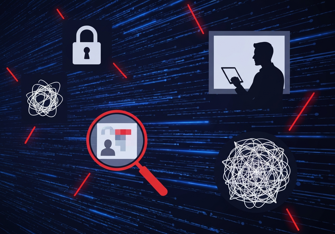 AI-powered risk assessment - Inline Image 1 (Common Risks): A digital abstract composition showcasing various 'risk' icons (a broken lock, a magnifying glass dissecting blurred personal info, a silhouetted figure peeking at a screen, a tangled web of data) emerging from a background of glowing data streams. The colors are predominantly dark blues and purples, with sharp, contrasting reds highlighting the risks. The style is minimalist yet impactful, emphasizing the abstract nature of digital threats.