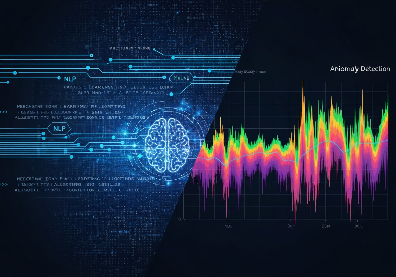 AI-powered risk assessment - Inline Image 2 (AI Mechanisms): A split-screen or layered image. On one side, flowing lines of code and abstract data patterns represent machine learning and NLP algorithms. On the other, a vibrant, multi-colored graph with peaks and valleys visually depicts anomaly detection across a timeline. In the center, a subtle, ethereal AI brain icon connects the two halves, symbolizing the intelligence processing the data. Art style: abstract data visualization, clean vector graphics, modern tech aesthetic.